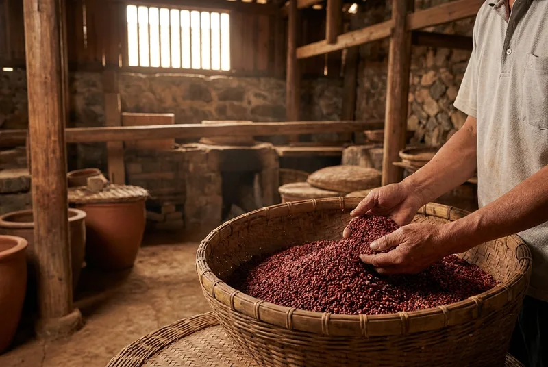 A master artisan inspecting red sorghum in an old distillery