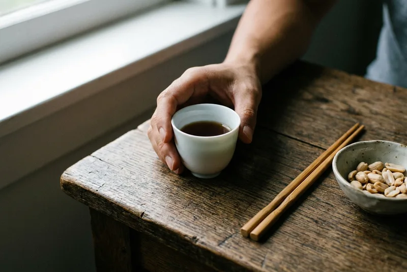 深色木桌上的一个白色小陶瓷品鉴杯，旁边放着竹筷