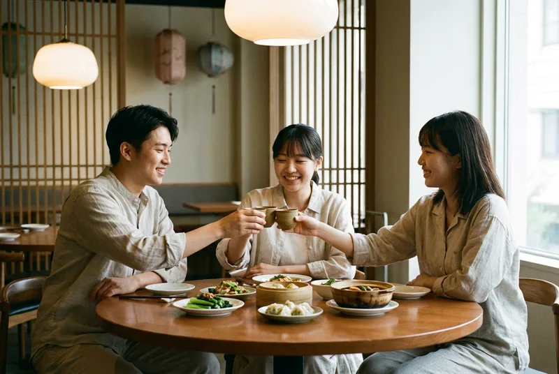 现代中式宴席上，几位年轻人举着陶瓷小酒杯轻松碰杯