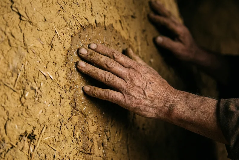 The weathered hands of a master distiller touching the yellow clay of a fermentation pit