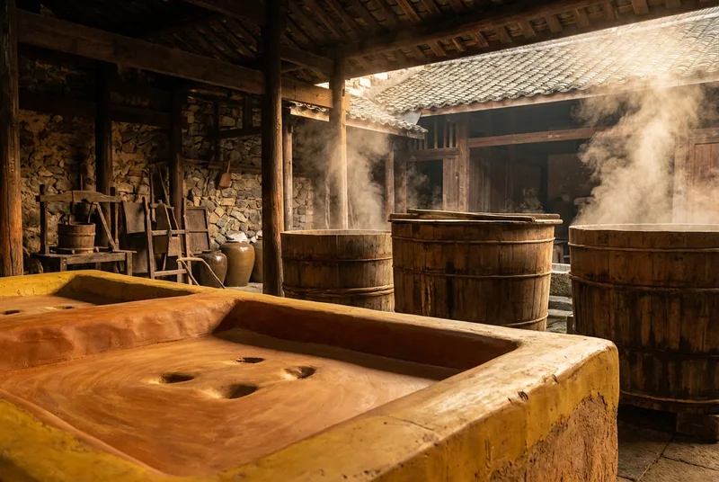Steam rising above the textured yellow mud of traditional fermentation pits in a Chinese distillery