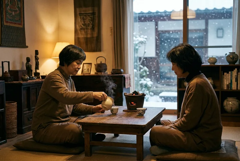 Two friends sharing a quiet, unhurried drink in a warm, warmly lit room