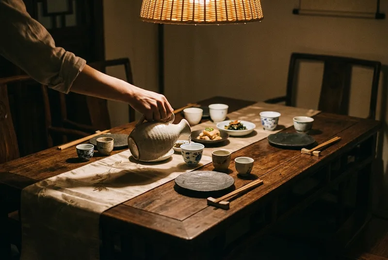 中式餐桌上，手执素雅酒壶斟满小酒杯的宁静瞬间