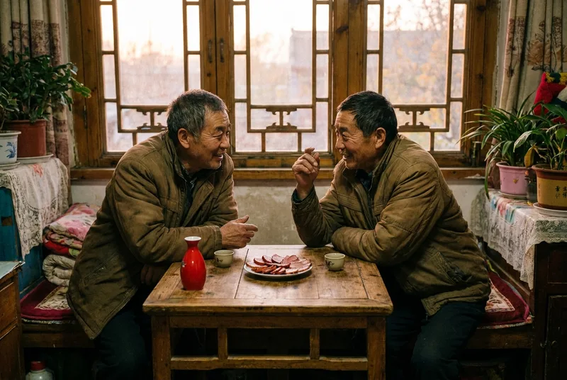 两位老友在木桌前对酌，桌上放着两只小酒杯和一瓶红色的白酒