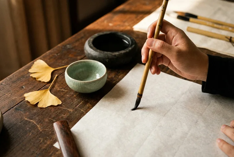 A calligraphy brush, small wine cup, and fallen autumn leaves on a desk