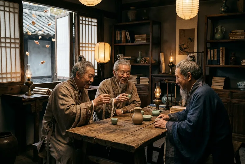 Ancient scholars gathered around a table for a night conversation in an autumn tavern