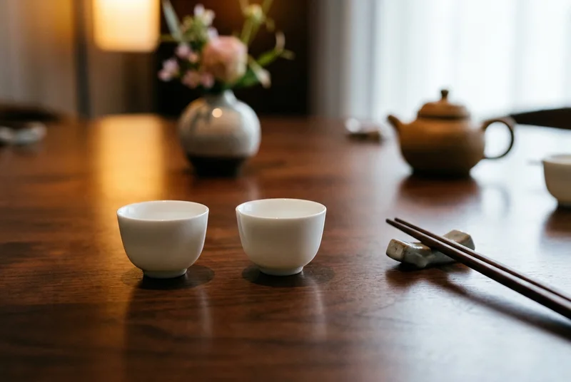 Two elegant white porcelain tasting cups on a dark wooden table