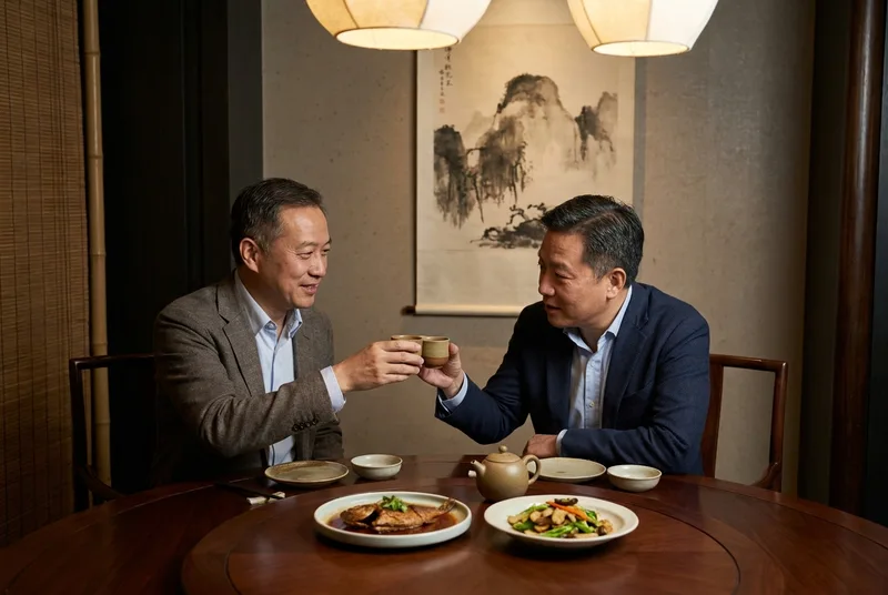 Two business partners engaged in a relaxed conversation over small cups of baijiu at a modern Chinese banquet