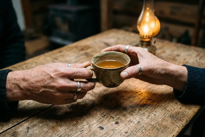 Hands raising a delicate ceramic cup for a toast under soft, warm lamplight