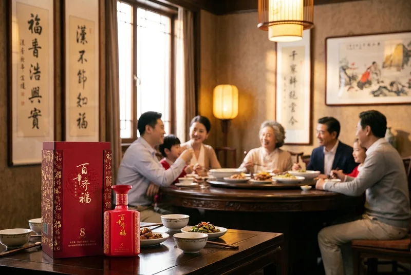 A warm, intimate dinner gathering with delicate dishes and a red porcelain bottle of baijiu on a wooden table