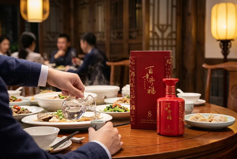 中式宴席上的透明分酒器与红瓷白酒瓶