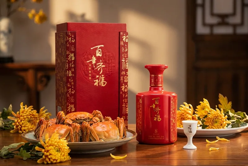 Steaming autumn crabs and a cup of baijiu on a dining table