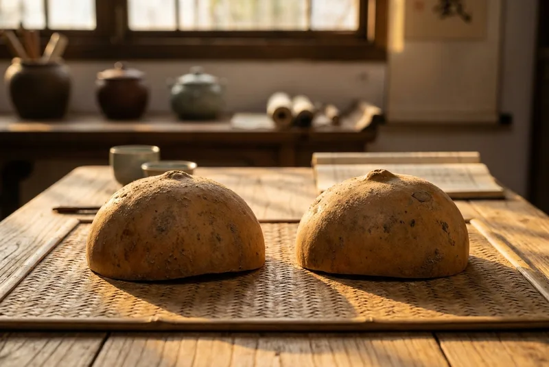 A dried gourd split into two halves