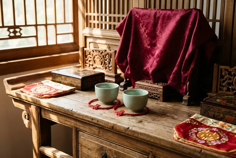 Traditional celadon wine cups connected by a red thread
