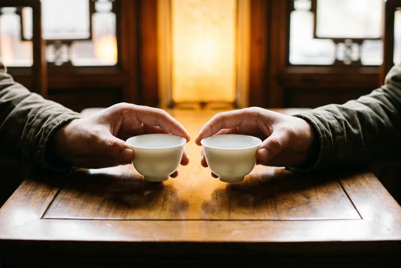 Close-up of two people gently clinking small porcelain cups in a toast