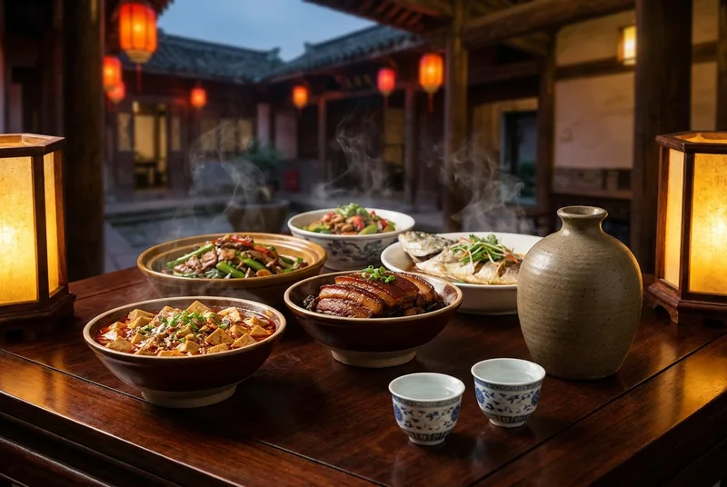 A traditional Chinese welcoming banquet set on a wooden table with ceramics