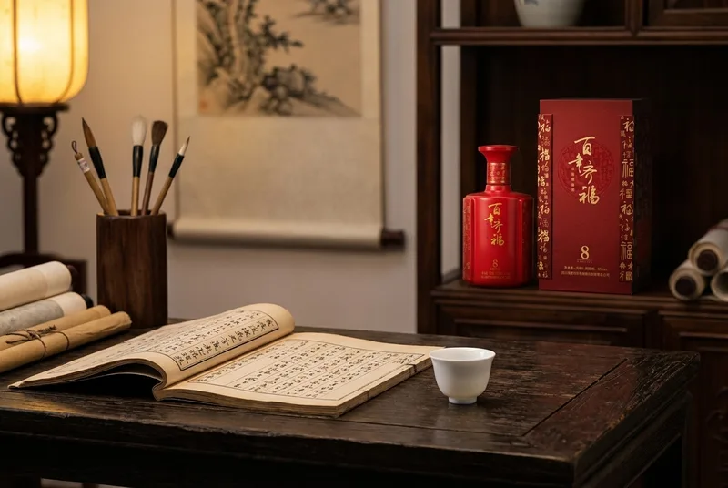 中式书房木桌上的古籍、瓷酒杯与百年齐福8白酒