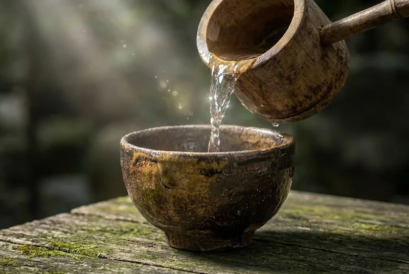 传统的竹节水瓢将清泉缓缓倒入古朴的陶瓷大碗中。