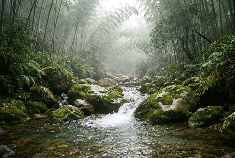 雾气缭绕的四川竹林深处，清澈的溪水流过长满青苔的岩石。