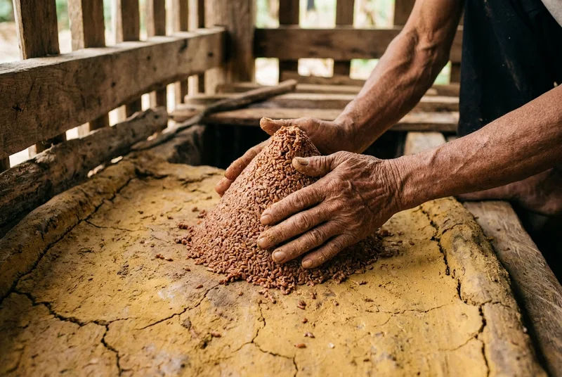 Close-up of weathered hands working with fermented red grain at a distillery
