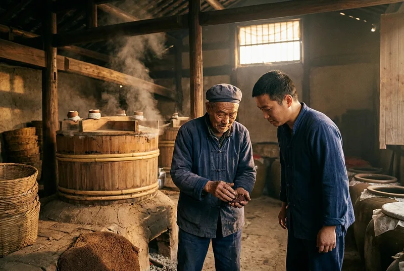 传统白酒作坊里，老酿酒师向徒弟传授技艺，观察发酵酒糟的细节