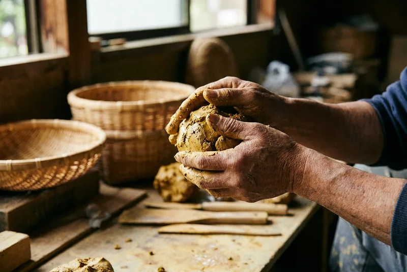 Artisan hands shaping sticky yellow clay used for fermentation pits in warm light.
