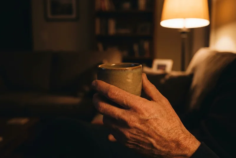 A hand holding a small porcelain cup in quiet contemplation