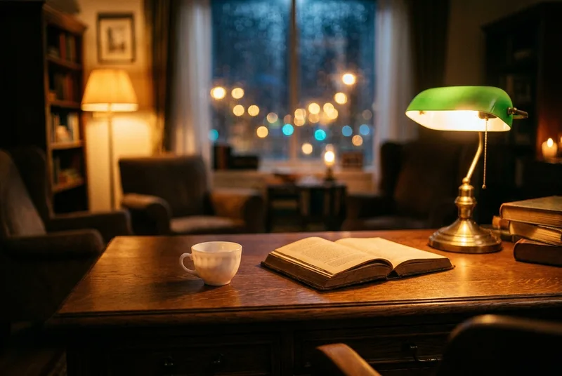 A small cup of baijiu beside an open book under a warm reading lamp