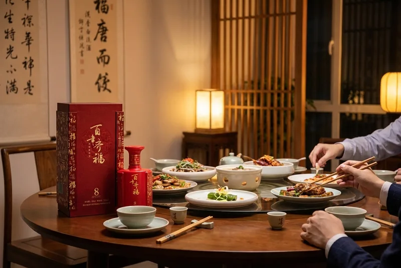 布置温馨的中式家宴餐桌上的齐福白酒