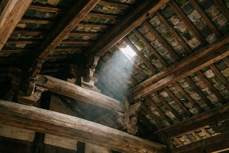 Close-up view of traditional wooden beams and overlapping roof tiles