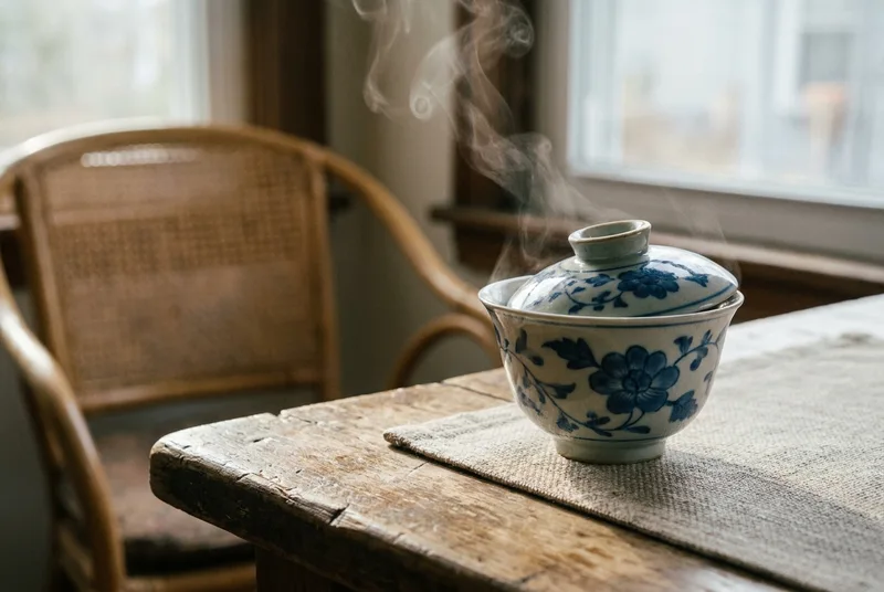 A traditional Chinese gaiwan tea bowl on a wooden table in soft morning light