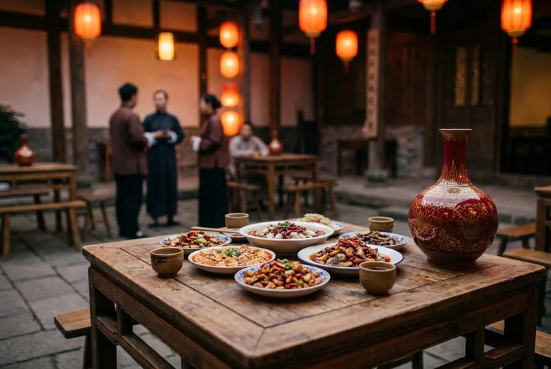A wooden table in a traditional Sichuan courtyard at dusk, featuring Sichuan dishes and a red porcelain bottle of Qifu baijiu