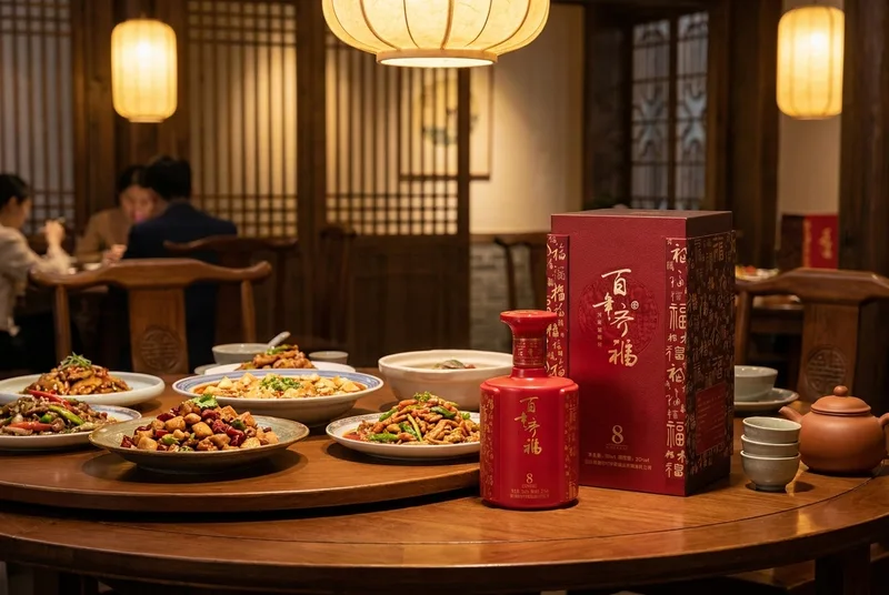 传统中式木圆桌上的晚宴场景，摆放着精致的四川菜肴、红色的白酒瓷瓶与茶具