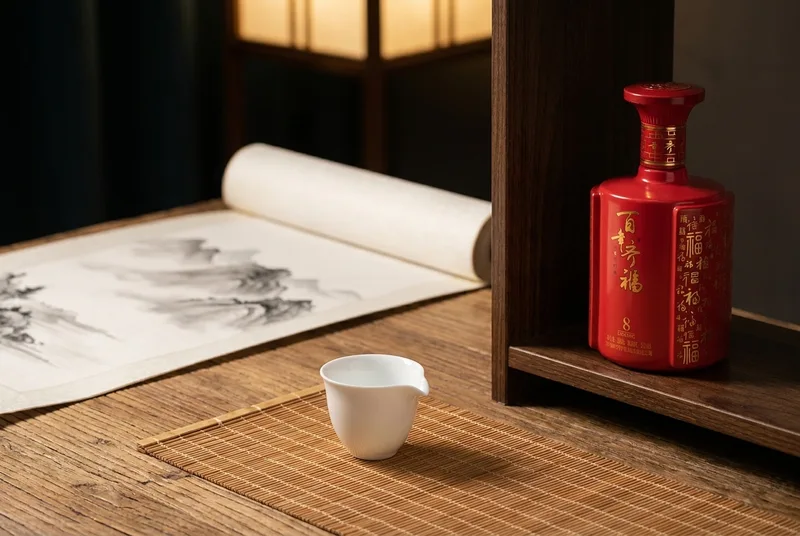 木桌上的白酒品鉴杯与红瓷酒瓶