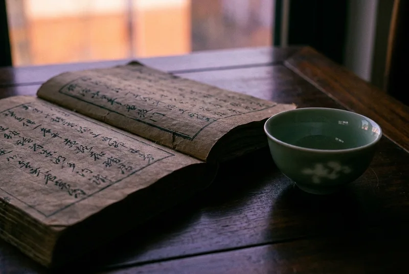 An ancient poetry book and a celadon cup bathed in twilight