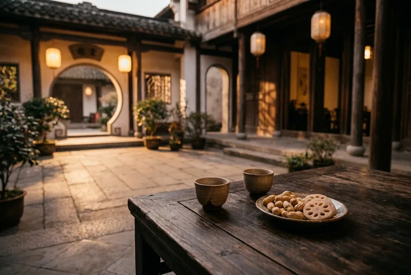 Small ceramic cups and simple delicacies on a wooden table under warm lighting