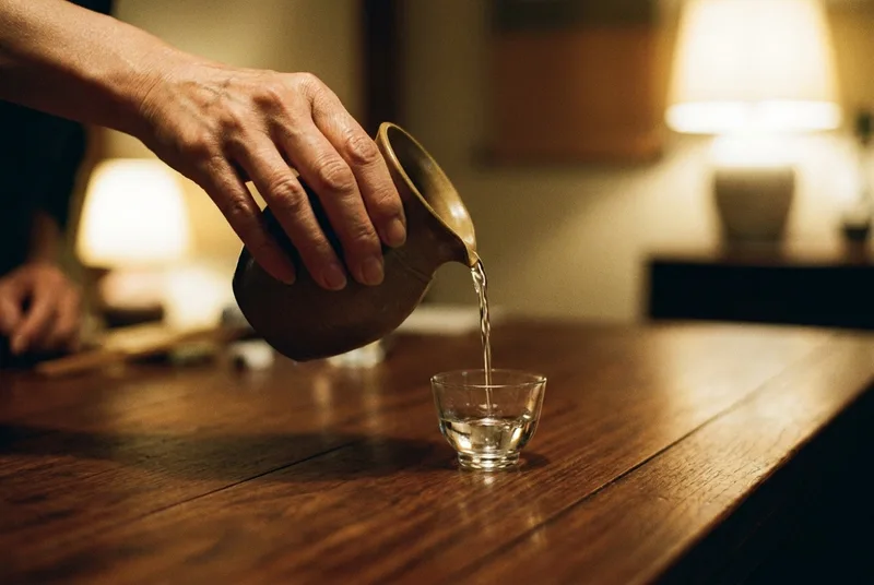 A host gracefully pouring clear spirit from a small pitcher into a delicate white porcelain tasting cup