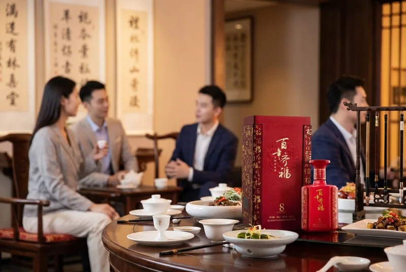 A refined modern Chinese banquet table featuring a red Bainian Qifu 8 porcelain bottle and a tasting cup, with friends conversing in the background