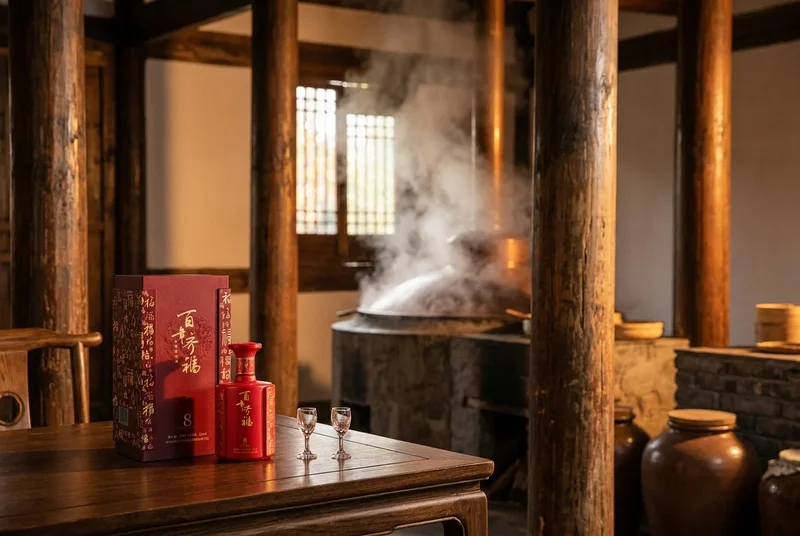 A master distiller inspecting an ancient fermentation pit made of yellow clay in a traditional Sichuan distillery, with atmospheric lighting.