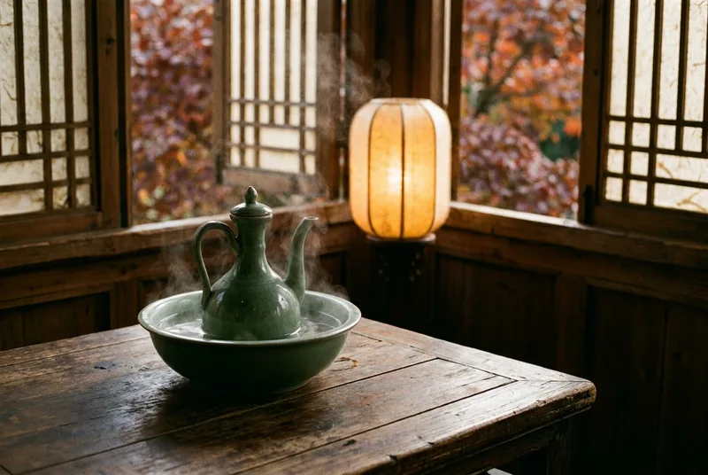 A celadon porcelain wine ewer resting inside a warming bowl on a traditional Chinese autumn table
