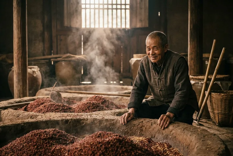 一名老师傅在光影交错的酒窖中检查传统的红糟覆盖的窖池
