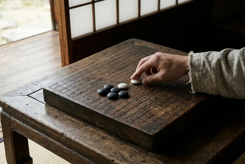 Black and white Go stones on an ancient wooden board
