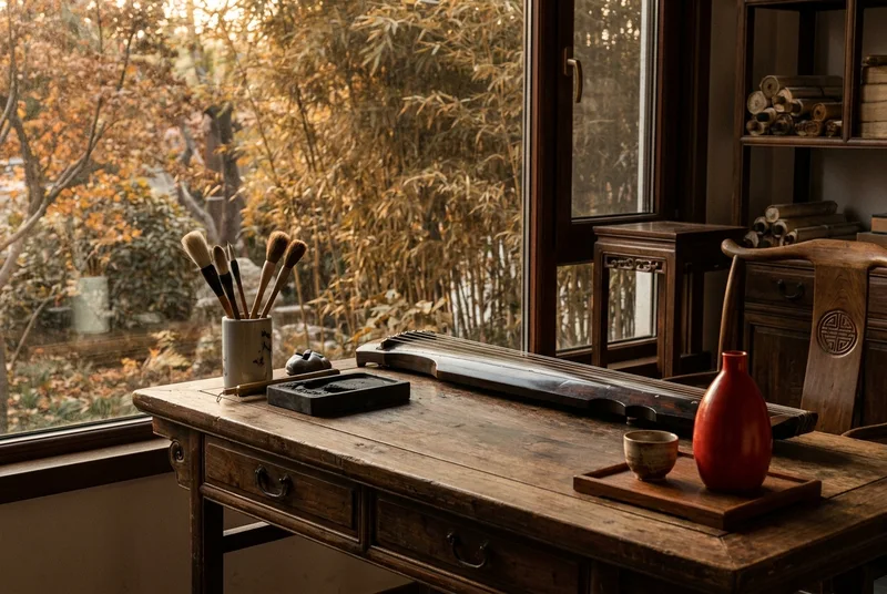 A traditional Chinese zither and a red porcelain bottle of baijiu on a scholar's wooden desk in autumn