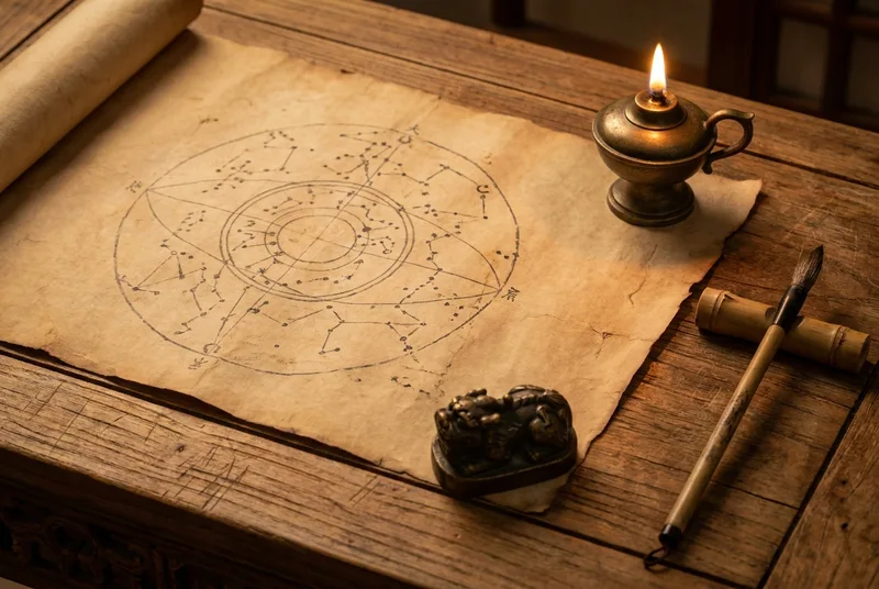 An ancient Chinese star map and bamboo brush on a scholar's desk