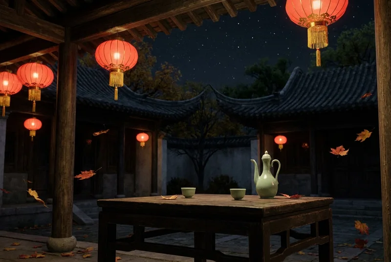 A traditional Chinese courtyard and wine cups under the starry autumn night sky