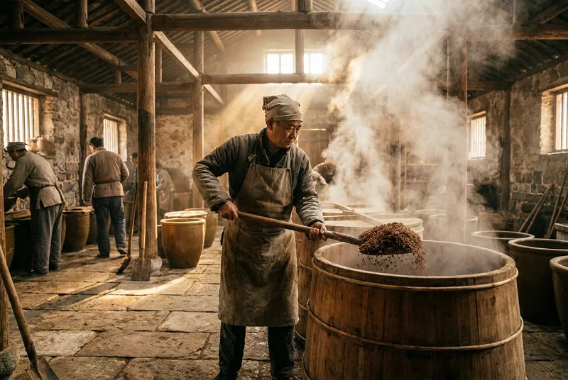 白酒作坊里，酿酒师正在向传统的甑桶中装填酒糟