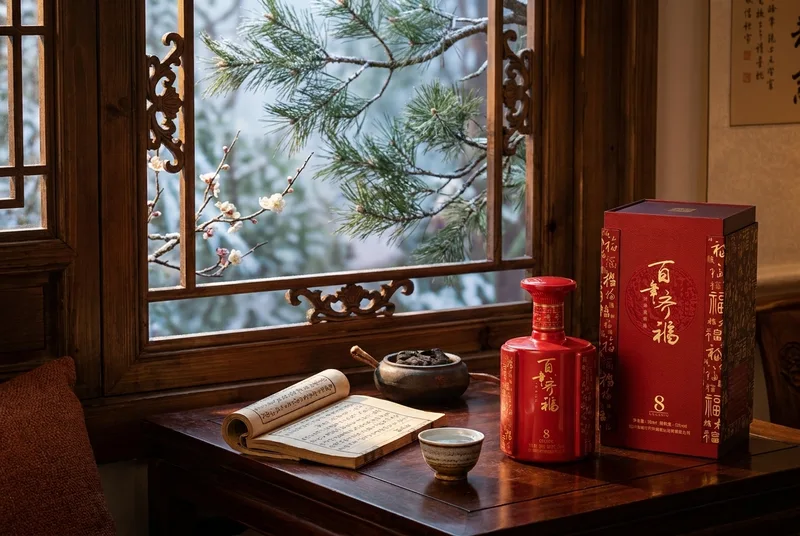 A red porcelain bottle and small cup on a traditional Chinese desk, with autumn pine branches outside the window