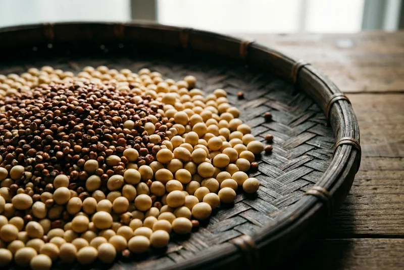 竹编簸箕里的黄豆与高粱