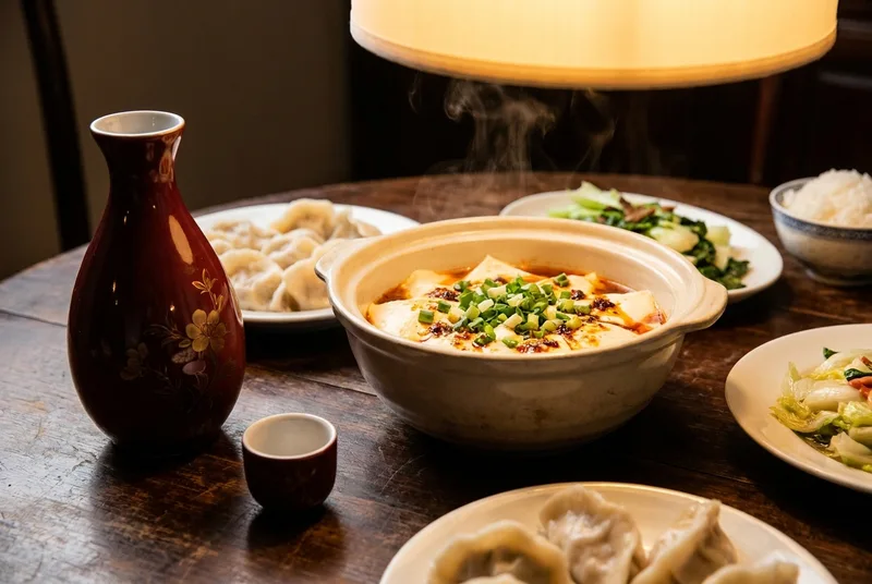 中式餐桌上的一盘豆腐与红瓷白酒瓶