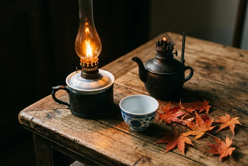 A traditional oil lamp glowing warmly next to a small cup on an autumn night